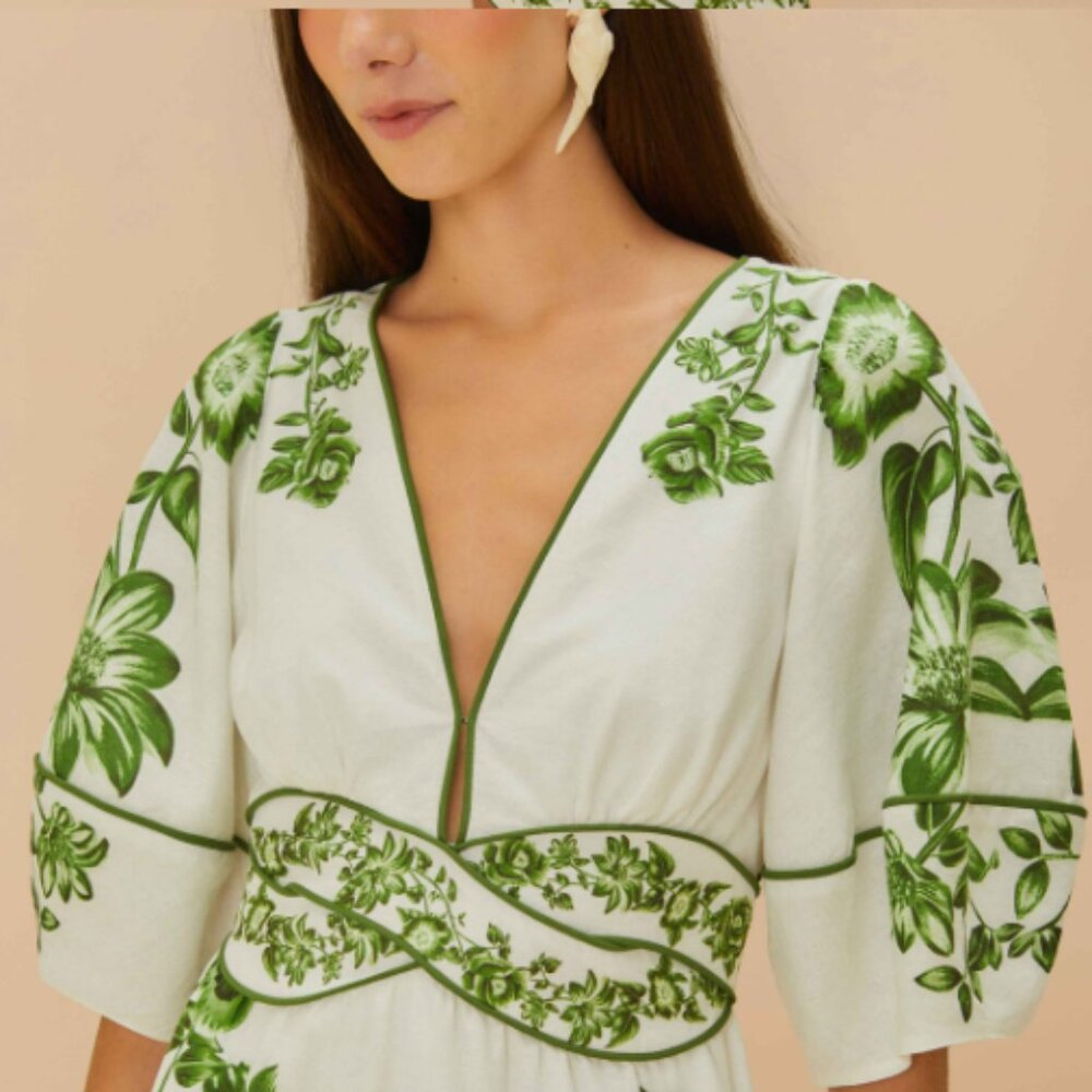 Farm Rio Off-White Green Floral Cascade Midi Dress - Picture 3 of 7